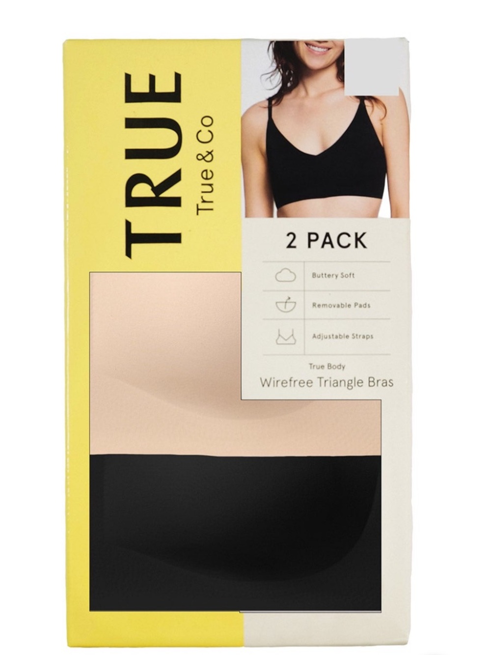 True & Co. Wirefree Triangle Bra 2-pack in Black and Nude